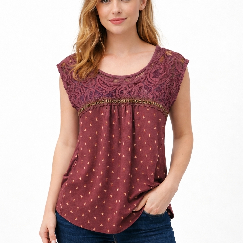 Maurices Lace Accent Blouse - Burgundy Plum Floral Casual Office Size Small